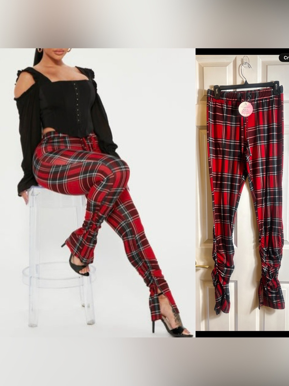 Red Plaid Women's Stretch Skinny Pants